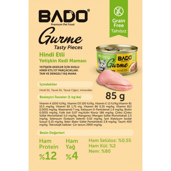 BADO GURME YAŞ YETİŞKİN KEDİ MAMASI HİNDİ ETLİ 85 GR 12 ADET