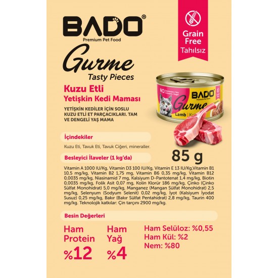 BADO GURME YAŞ YETİŞKİN KEDİ MAMASI KUZU ETLİ 85 GR 6 ADET BADO GURME YAŞ YETİŞKİN KEDİ MAMASI KUZU ETLİ 85 GR 6 ADET