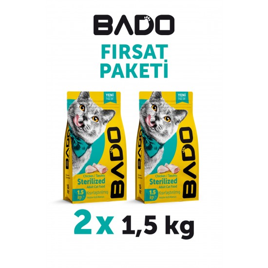Bado Kısırlaştırılmış Yetişkin Kedi Maması Tavuk Etli 1,5 Kg 2'li Bado Kısırlaştırılmış Yetişkin Kedi Maması Tavuk Etli 1,5 Kg 2'li