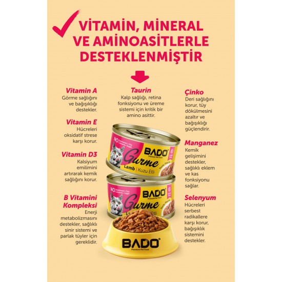 BADO GURME YAŞ YETİŞKİN KEDİ MAMASI KUZU ETLİ 85 GR 24 ADET BADO GURME YAŞ YETİŞKİN KEDİ MAMASI KUZU ETLİ 85 GR 24 ADET