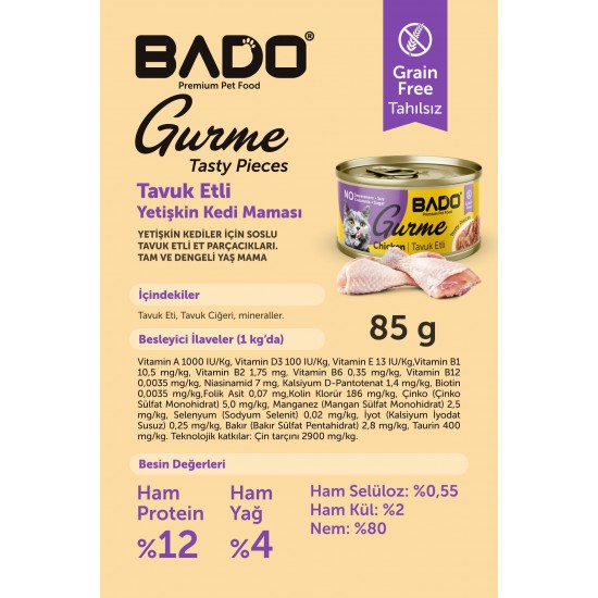 BADO GURME YAŞ YETİŞKİN KEDİ MAMASI TAVUKLU 85 GR 36 ADET BADO GURME YAŞ YETİŞKİN KEDİ MAMASI TAVUKLU 85 GR 36 ADET