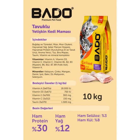 Bado Yetişkin Kedi Maması Tavuklu 10 Kg Bado Yetişkin Kedi Maması Tavuklu 10 Kg