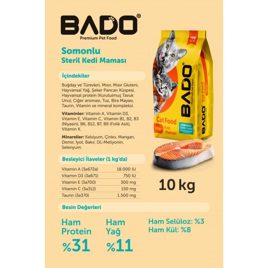 Bado Yetişkin Kısır Kedi Maması Somonlu 10 Kg Bado Yetişkin Kısır Kedi Maması Somonlu 10 Kg