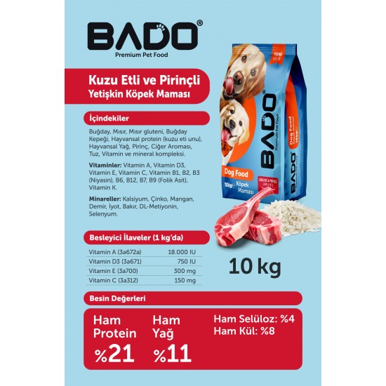 Bado Yetişkin Köpek Maması Kuzu Etli Pirinçli 10 Kg Bado Yetişkin Köpek Maması Kuzu Etli Pirinçli 10 Kg