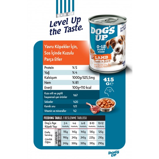 Dogs Up Yaş Yavru Köpek Maması Kuzu Etli 415gr 6Lı