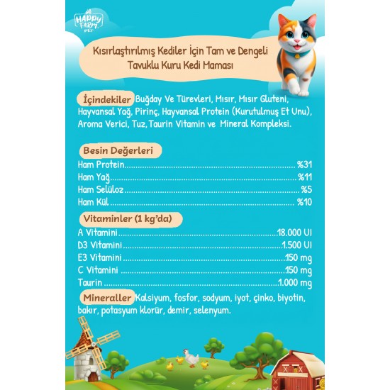 Happy Farm Kısırlaştırılmış Kedi Maması Tavuk Etli 15 Kg
